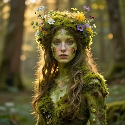 beautiful portrait of a forest dryad, her skin made of moss, flowers growing from her head, golden sunlight, extremely detailed, hyperrealistic, photo by annie leibovitz, masterpiece, award-winning