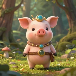 little cute piggy forest creature, inspiring, adorable, anthro, guardian, dnd, woodland realm, fantasy attire, strange fantasy equipment