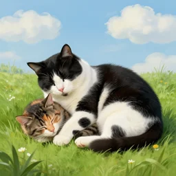 a fat black and white male cat and a smaller tri-color tortoiseshell female cat both sleeping peacefully together in a beautiful green meadow, dreamy puffy clouds, painted by Tyler Edlin