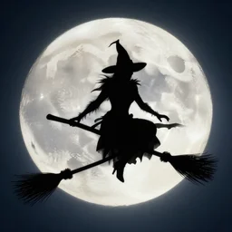 wicked witch riding broom stick silhouette across the full moon.