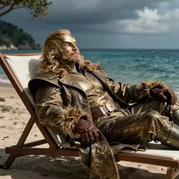 doctor doom is resting on a sun lounger near the sea