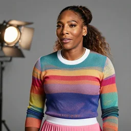 headshot of the venus williams, wearing a colorful coogi sweater, and tennis skirt, photoshoot in the style of annie leibovitz, studio lighting, soft focus, bokeh
