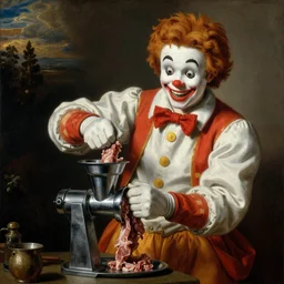 Ronald Mcdonald putting meat into a metal mincer. High detail painted by Caravaggio