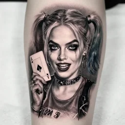 tattoo of margot robbie as harley quinn with a sexy look, holding an ace card, abstract edges, in the style of den yakovlev, realistic face, black and white, realism tattoo, hyper realistic, highly detailed