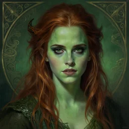 mindblowing portrait of emma watson as a swamp witch, green skin, deep focus, d & d, fantasy, intricate, elegant, highly detailed, digital painting, artstation, concept art, matte, sharp, illustration, hearthstone, art by artgerm and greg rutkowski and alphonse mucha