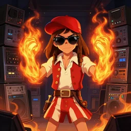 character art by ruan jia, young bob denver wearing gilligan's dress while wearing wayfarer glasses and red baseball hat at a music concert, on fire, fire powers, room filled with computer equipment