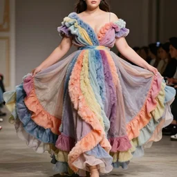 dior couture colorful design, fold layered flutter, heavy fabric full piece, soft fluffy texture, volume flowing folds aesthetic, femme curvy model posing realistic shaded lighting photography, 8 k, sharp focus, romantic undertones,