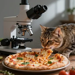 an electron microscope photo of a cat eating a pizza