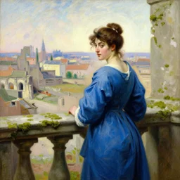 a renaissance oil painting by alma tadema of a woman with skye blue clothes turned back on a stone balcony covered in moss with over shoulder view on desolated ruins of a city, colourful pastel artstation greg rutkowski, detailed academic bouguereau, sharp focus