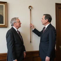 a rutgers university president looking wistfully at a cane mounted on the wall of his office, 1 9 2 8