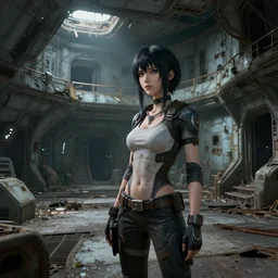 A the scene of a abandoned and derelict space station. A beautiful anime women exploring the scenery, 4K , Highly detailed , High details , High quality , Dead space , System shock 2