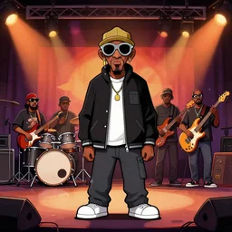 cartoon mf doom on a stage with a full band behind him