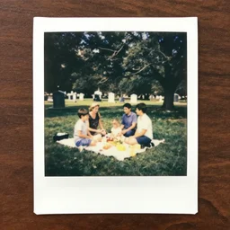 old polaroid of a family picnic in the cemetery
