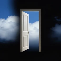 magnificent door floating in a black void opening to a massive hopeful blue cloudy sky