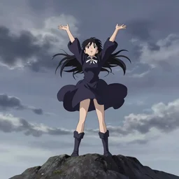full body back portrait character concept art, anime key visual of a littlewitch on top of a mountain with arms raised to the sky posing to do magic to skies, studio lighting delicate features finely detailed perfect face directed gaze, gapmoe yandere grimdark, trending on pixiv fanbox, painted by greg rutkowski makoto shinkai takashi takeuchi studio ghibli