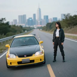 photograph of a cell-shaded Honda EK9 Type-R next to a techwear woman standing looking off into the distance, on an Ohio road with a futuristic city in the horizon, one point perspective, 1-point perspective, tilt shift, sigma 85mm f/1.4, 4k, depth of field, high resolution, 4k, 8k, hd, full color, trending on artstation