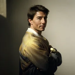 tom cruise painted by jan vermeer, aristocratic pose, high contrast