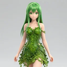 photo of manga girl with green hair ,wearing a dress made of vines, in the forest, by Artgerm and Magali Villeneuve