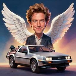 stylish caricature - 3 d vfx - drew struzan movie poster - art of a delorean with angel wings, art style by james jean & hsiao - ron cheng, unreal engine render, digital illustration, sharp, intricate detail, volumetric lighting, ray tracing, soft light, colourful, claymation style, ernie barnes style, symmetry, acrylic on canvas, pinterest, artstation,
