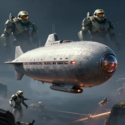 a bulbous spaceship inspired by a Zeppelin submarine and maschinen krieger, ilm, beeple, star citizen halo, mass effect, starship troopers, elysium