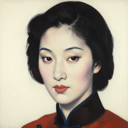 hyperrealism close - up portrait of a beautiful woman, ivory background, in traditional chinese art style, pop art, by roy liechtestein, by andy warhol, canvas, acrylic paint, dark and dull palette