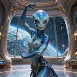 vfx movie scene closeup portrait of beautiful blue body paint muscular alien man dancing in sleek futuristic decadent spaceship pillars, alien antenna, futuristic ballroom. big eyes, soft skin, giant windows view of earth obit. by emmanuel lubezki