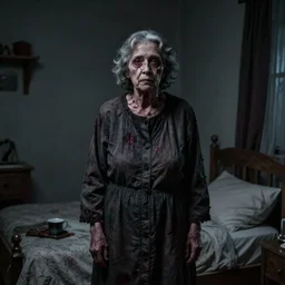 a portrait of an old woman standing by my bed at night, photorealistic horror, ultra realistic, dark gloomy, 4 k resolution