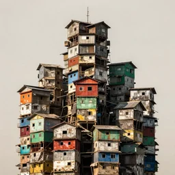 close - up swarm of towers made up of colourful squatter shacks, bleached colours, plain uniform off white sky, dystopia, mamiya, very detailed, ultra sharp, photographed by john chiara