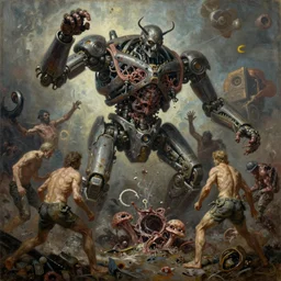 oil paint of flayed god machines, grue cluster battle chaos, intricately macerated by age, sentient, dethroned goliath machine, whipping fungal pit, rotting, by alberto bontempi, alex ross, shigeru komatsuzaki, wayne d barlowe, alex ross, stefano tamburini, enric torres, hyper realism, narrative light, muted