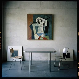 kodak portra 4 0 0, 8 k, wide flashlight shot of a highly detailed, britt marling style, award winning colour still - life portrait of a large brutalism bauhaus room with rough concrete walls, a square picasso painting, a 1 9 6 0 s metal table and metal chair, some square paintings