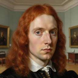 museum painting, closeup, pale handsome young man age of 3 0, big eyes, mouse red hair, shoulder - length! hair, clothes of 1 7 th century, living room, studio lighting, sharp focus, highly detailed, digital art, matte painting, masterpiece, artgerm, rutkowski, botticelli, mucha, leyendecker