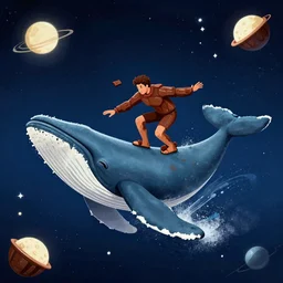 chocolat man surfing on a whale in space