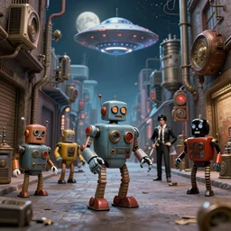 anime cartoon bauhaus style of 1 9 5 0 s scifi, tin toy robots, ufo, flying saucer, moon, meninblack, steampunk, alley, streets, walter sickert, earl norem, depth of field, hyperrealistic, octane render detailed and intricate environment