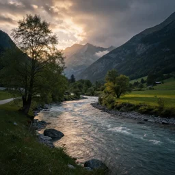 landscape photography, marc adamus, alps, a river, dramatic lighting, sunrise, tree in the foreground