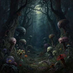 a cinematic masterpiece dark gothic painting of exotic alien mystical gothic forest of fear despair sorrow and misery at midnight, exotic flora, by Marc Simonetti, by Alex Grey, by Paul Lehr, by Tim Hildebrandt, by Bruce Pennington, by Wayne Barlowe, by Zdzisław Beksiński, oil on canvas, masterpiece, trending on artstation, featured on pixiv, cinematic composition, beautiful lighting, sharp, details, hyper-detailed, no frames, HD, HDR, 4K, 8K