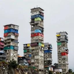 high towers made up of concrete makeshift squatter shacks with bright colours, suspended over a cliff, mamiya, f 1. 7, uniform plain sky, misty, fine details, photographed by michael wolf and and pollock