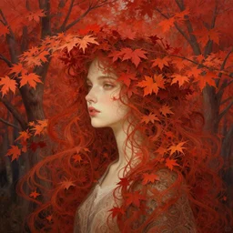 girl with with hair becoming autumn red leaves trees, intricate, dreamy, digital painting, artstation, concept arti, unreal engine 5, 8 k, art by artgerm and greg rutkowski and alphonse mucha