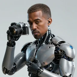 A photo of a cyborg Kanye West, digital art, 8K concept art, detailed, realistic shaders, cinematic shot, vintage camera