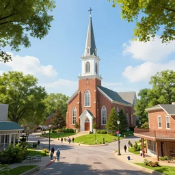 midwest town with church, square, trees, sunny day, volumetric light, people on streets, hyperdetailed, artstation, cgsociety, 8 k