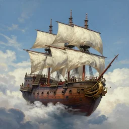 a large pirate airship flying among the clouds, soaring through the sky, realist painting, pirate, beautiful, highly detailed, trending on art station