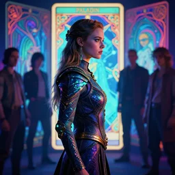 side portrait, imogen poots, paladin, gloomhaven, neon, psychedelic, art nouveau, tarot card, ray tracing, depth of field, luminescent, octane render, by martine johanna and simon stalenhag and chie yoshii and casey weldon and wlop