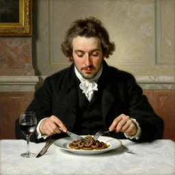 baroque oil painting handsome aristocrat in elegant black suit eating dish with cooked sandworm from dune using knife and fork in restaurant, painted by greg rutkowski cushart krentz jeremy mann, marble interior, front view, protrait shot, soft studio lighting, elegant, morandi color scheme, white embroidered tablecloth, wine glass, baroque style, 8 k resolution
