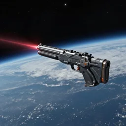 “ lonely laser gun floating in space, style of kurzgesagt ”