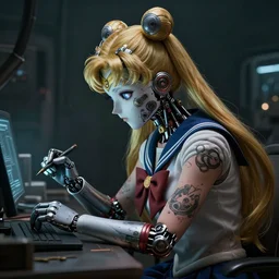 a cyberpunk sailor moon with arm tattoos, cybernetic enhancements doing research, detailed mask, scifi character portrait by greg rutkowski, esuthio, craig mullins, cinematic lighting, dystopian scifi gear, gloomy, profile picture, mechanical, half robot, implants, steampunk