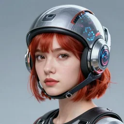 a beautiful woman wearing futuristic helmet, redhead, short hair, digital art, extremely detailed