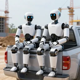 humanoid robots sit in a pickup on their way to a construction site