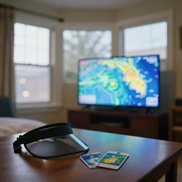 curved transparent windows, tv, florida weathermap, volumetric lighting, bedroom, visor, users, pair of keycards on table, bokeh, creterion collection, shot on 7 0 mm, instax