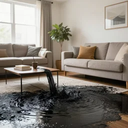 black liquid flooding a living room