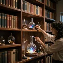 a bookshelf of wonderful magical experiments, cinematic lighting, detailed, 4 k