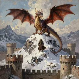 medieval fantasy oil painting, realism, lifelike, a european dragon is perched atop a snowy mountain peak, as a d & d mtg characer, surrounded by brick castle fortresses